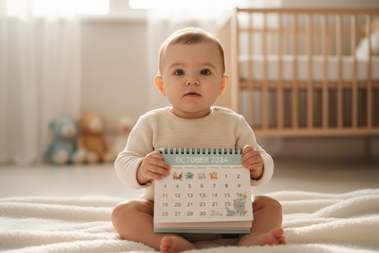 A baby holding a calendar