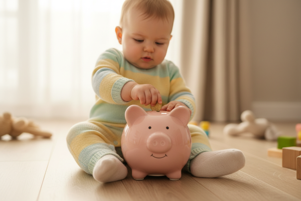 Baby putting money in a piggy bank